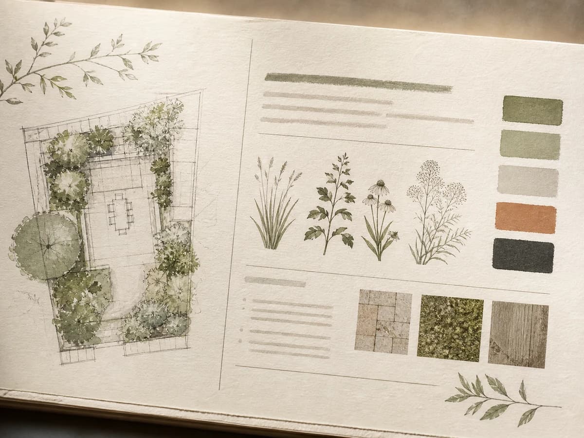 Illustrative garden design narrative with a site plan, botanical studies, and material palette.