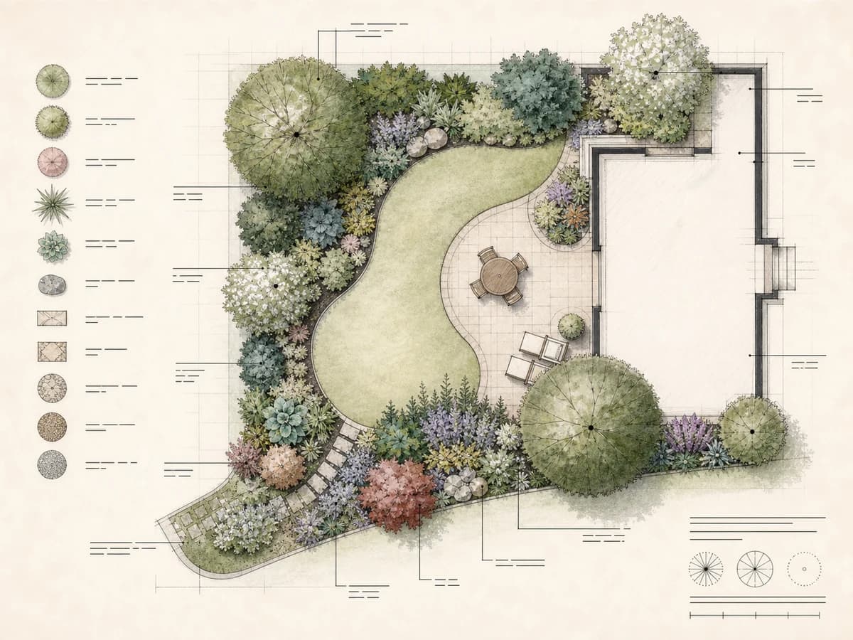Illustrative hand-rendered planting plan for a residential garden.