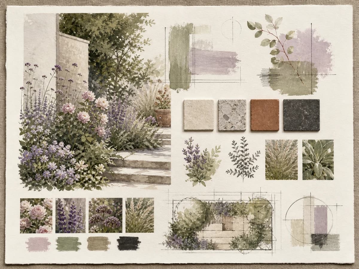 Illustrative garden visual direction board with planting, material, and color studies.